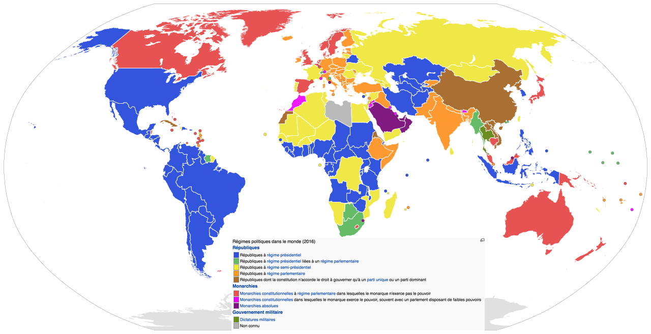 Monde - Régimes politiques et formes de gouvernement (2016) • Map