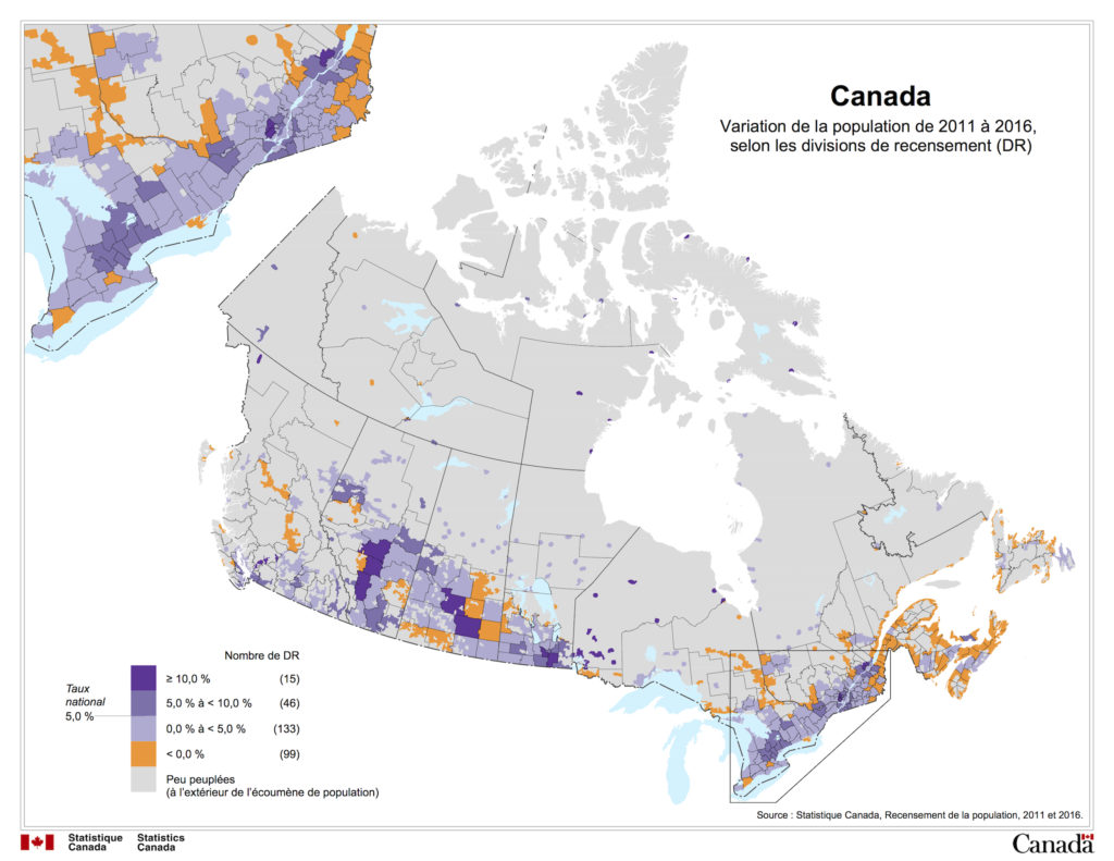 Canada - évolution de la population (2011-2016)