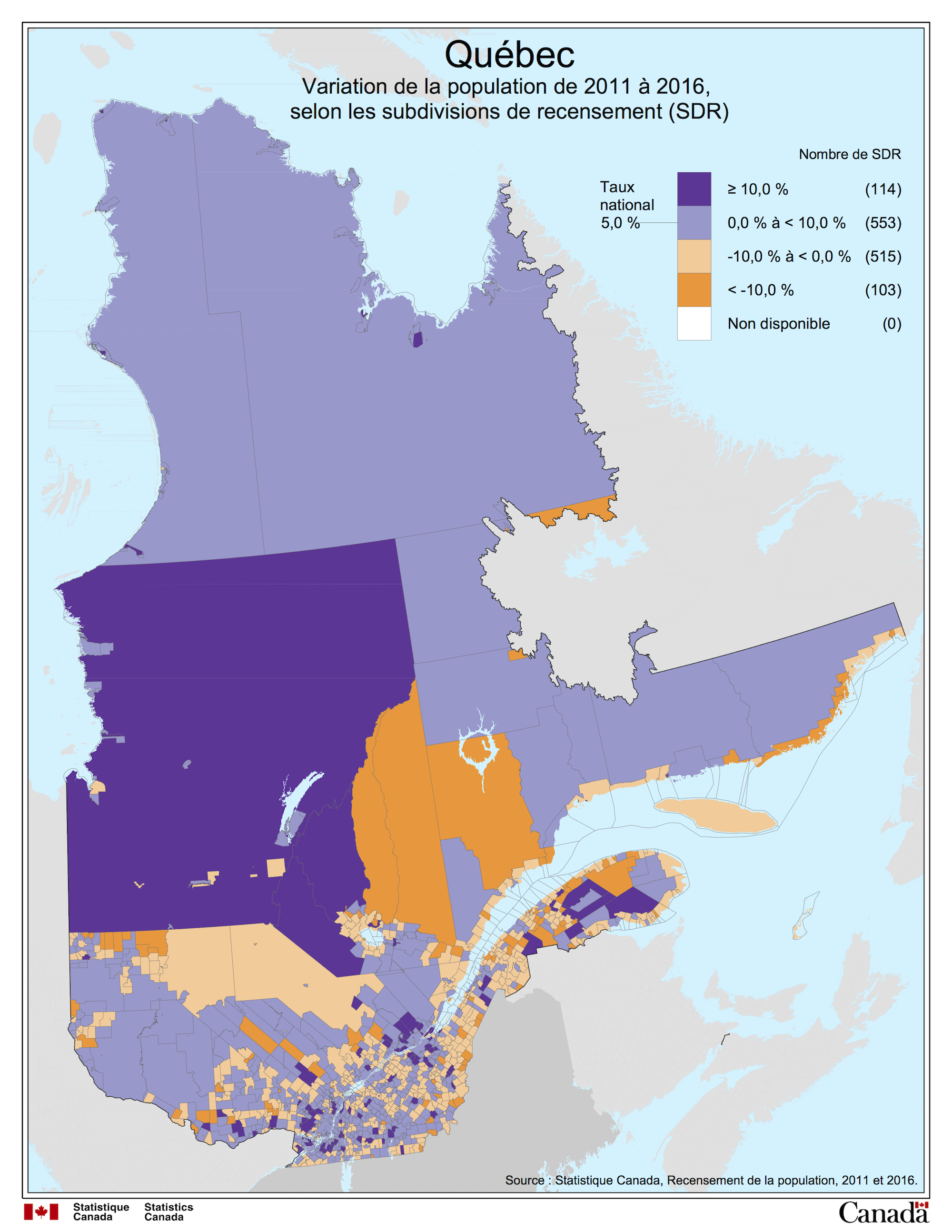 Canada - Quebec: evolution of the population (2011-2016) • Map • 0