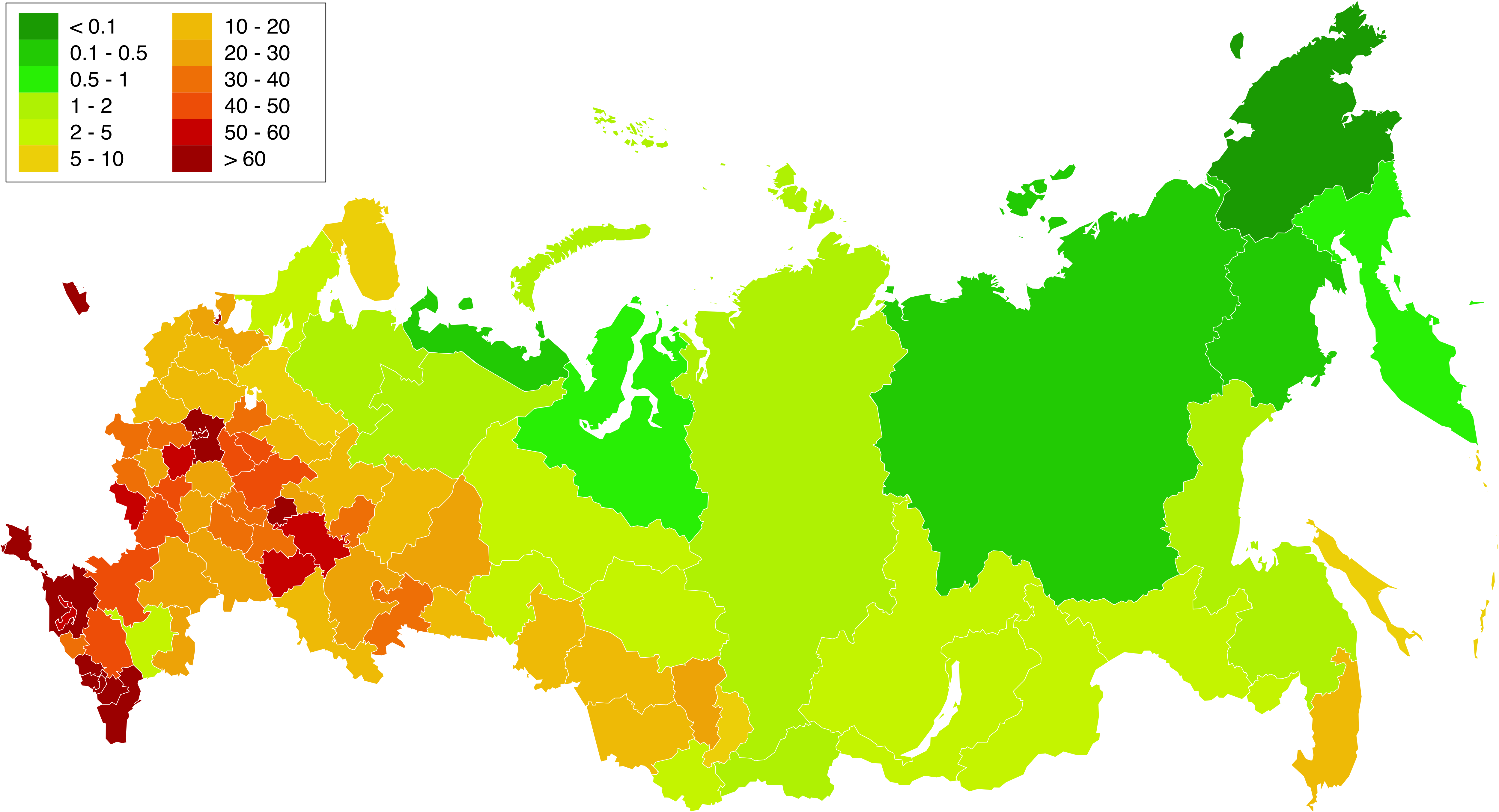 Russia density of regions (2017) • Map •